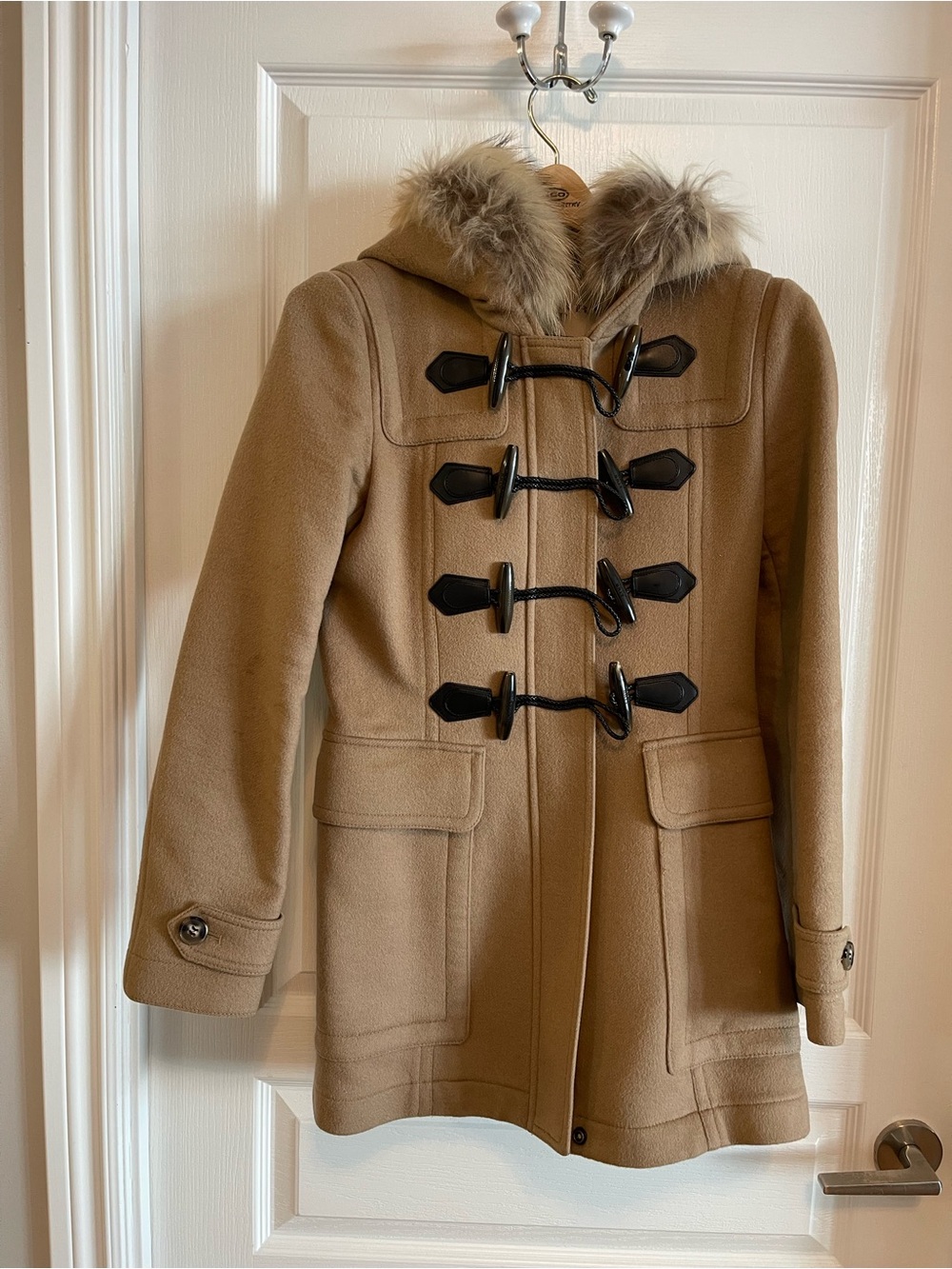 Burberry Brit Toggle Beige Coat with Fur Trim size 4